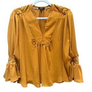 XOXO Women Small Embroidered Velvet Accented Blouse Peasant‎ Gold Flowy Glam Y2K